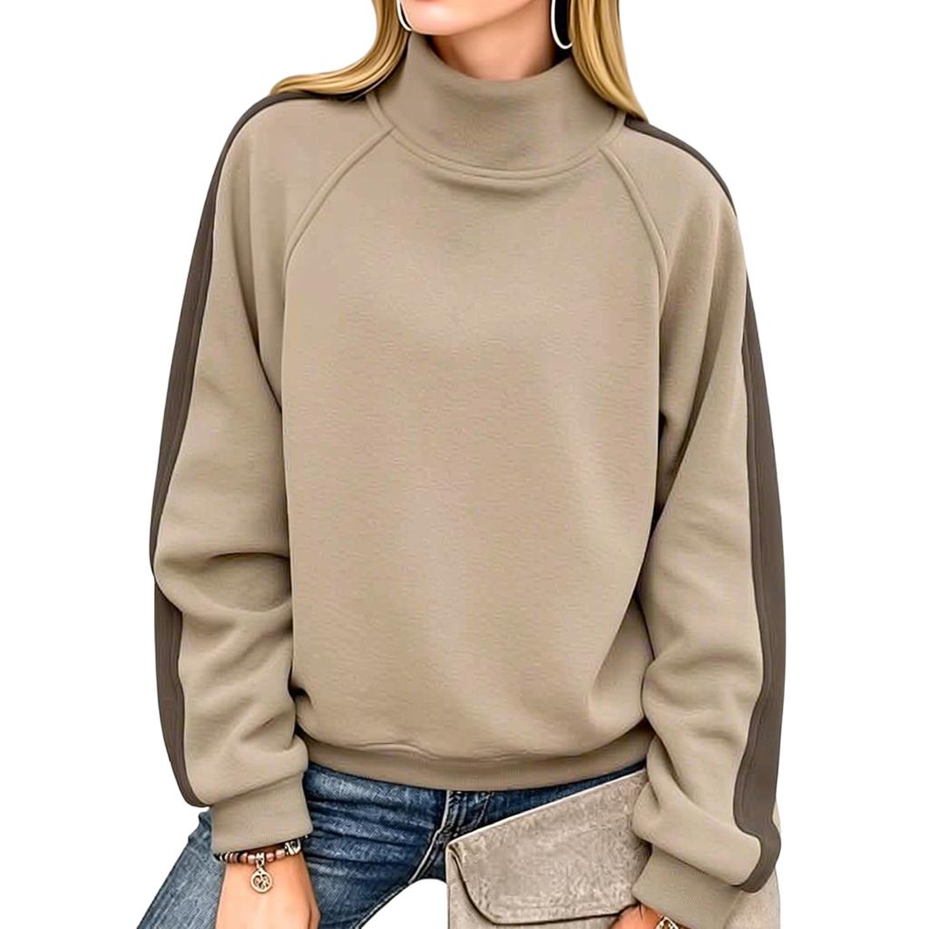 Women's Casual Loose Fit Color Block Long Sleeve High Neck Pullover Sweatshirt