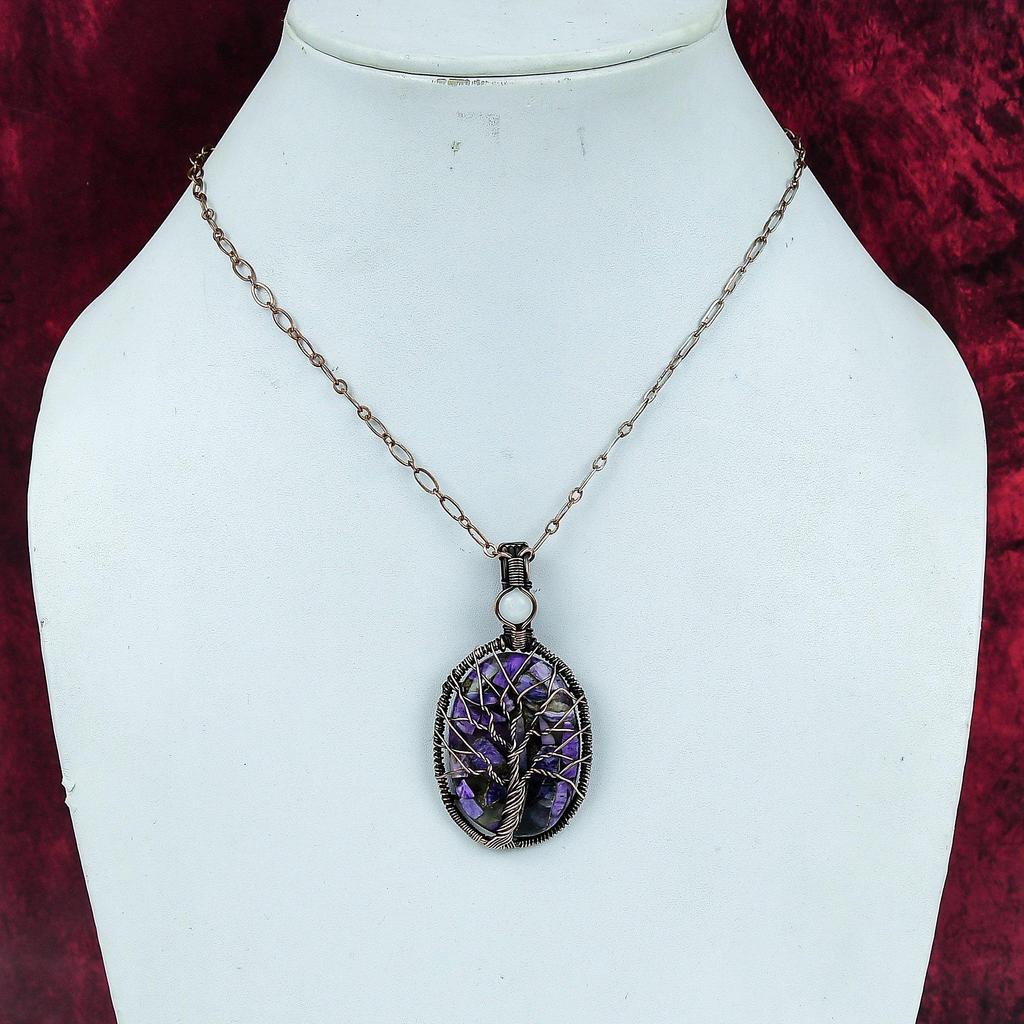 Tree Of Life Charoite Pendant Copper Wire Wrapped Rainbow Moonstone Pendant