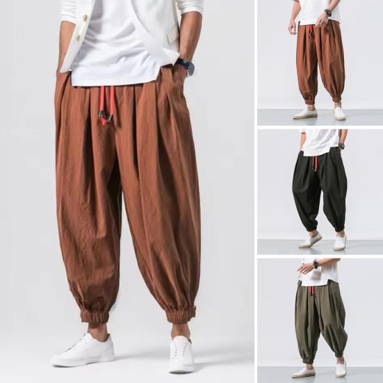 Men Harem Pants Drawstring Waist Baggy Drop Crotch Trousers Casual Loose Trousers with Elastic Fitted Ankles for Street Travel Daily Wear
