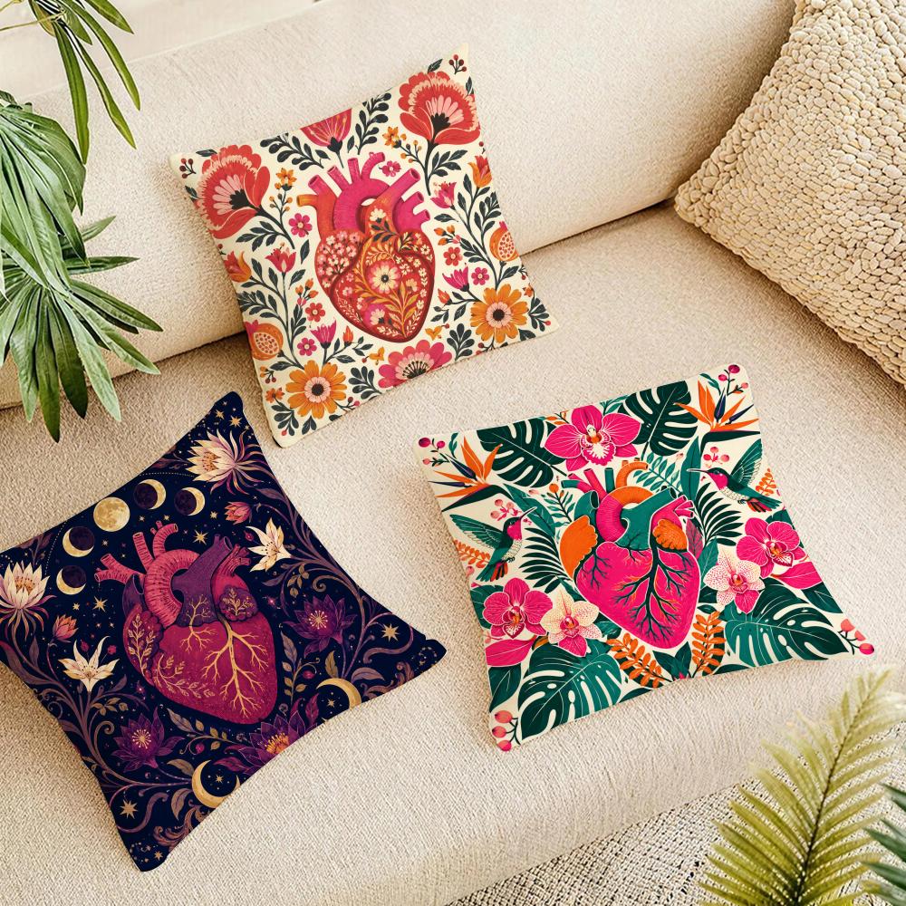 Anatomical Heart Maximalist Floral Art Cushion Cover Durable Hypoallergenic Organic Linen Pillow Cover Washable Skin-Friendly