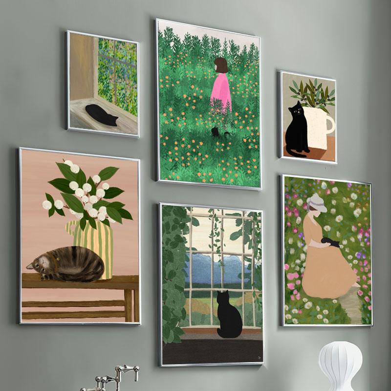 Boho Abstract Girl Garden Flowers Cat Illustration Wall Art Canvas Painting Nordic Poster And Prints Pictures Living Room Decor