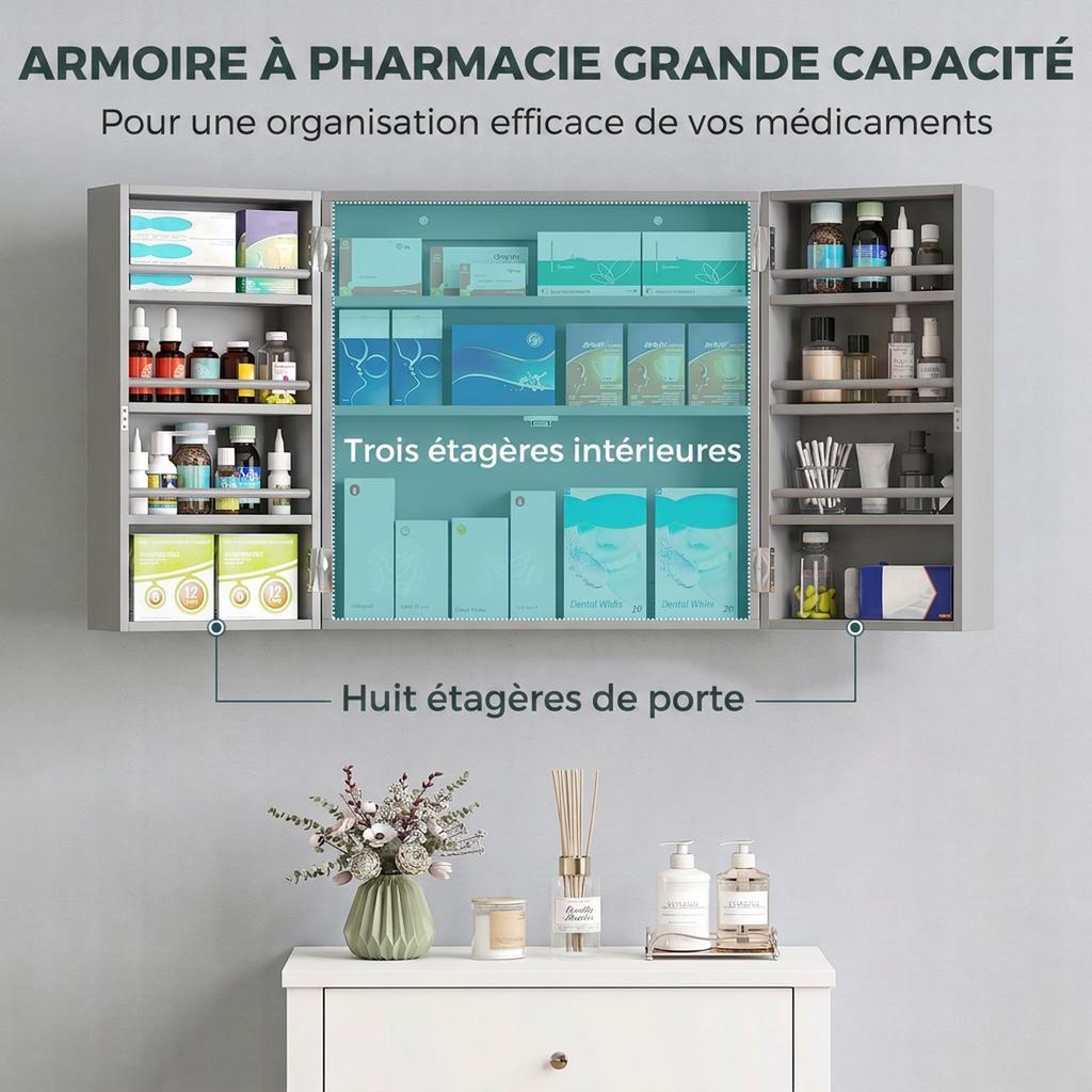 Wall-Mounted Medicine Cabinet, Double Lockable Doors, 2 Keys, 53 x 20 x 53 cm, Grey