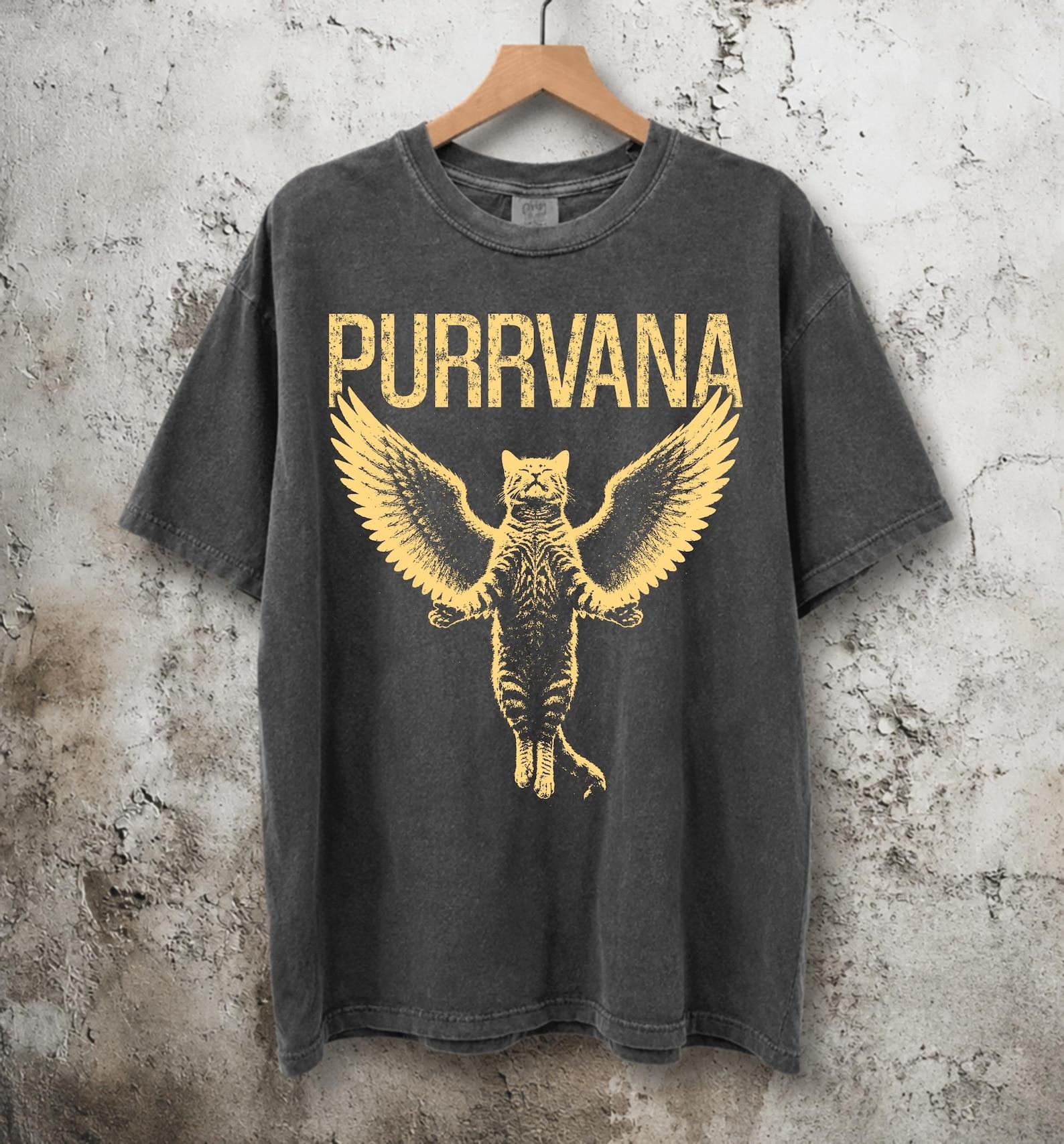Vintage Purrvana Cat With Wings Shirt, Angel Cat Shirt, Funny Cat Graphic Tee, Retro 90s Meme Aesthetic, Cat Lover Gift XL