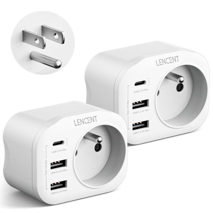 Adaptateur Prise USA Américaine LENCENT 2 Colis-2USB,1Type-C,1AC,3750W Avec Fil De Terre Pour US Canada Mexique,pays De Prise TypeB
