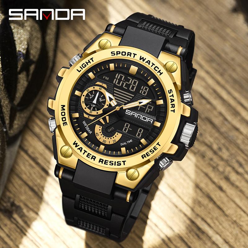 SANDA Luxury LED Dual Display Digital Quartz Watch for Men Shockproof Waterproof Sports Wristwatches Student Watch