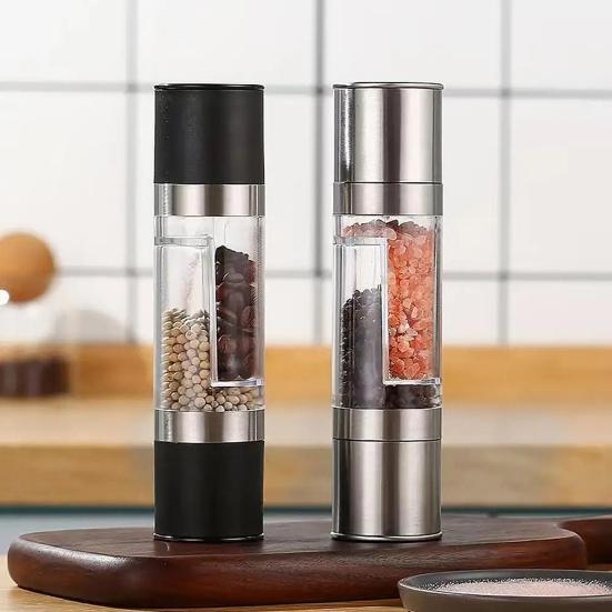 2-in-1 Salt And Pepper Grinder Set Adjustable Coarseness Manual Spice Mill with Glass Jar Stainless Steel Refillable Kitchen Shaker Bottle