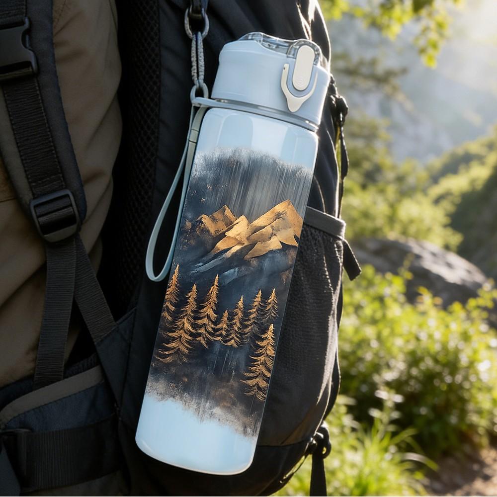 1PC Misty Mountain Forest Landscape 750ml Color Plastic Sports Water Bottle Leakproof Flip Straw Lid Suitable for Sports Office Home Use