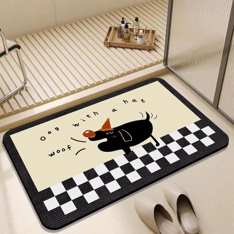 Simple Bathroom Anti Slip Absorbent Carpet Cute Cat and Dog Stripes Checkered Door Mat Living Room Home Decoration Rug