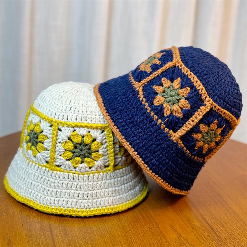 Haken Blume Kontrastfarbe Fischerhut Damen Herbst und Winter Warme Wollmütze Retro Lochstrickmütze Kinder