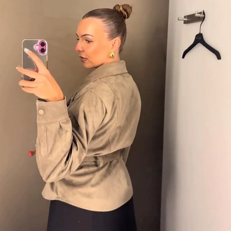 Chaqueta Casual Elegante para Mujer con Cuello Alto, Cintura Fruncida, Manga Larga Holgada, Estilo Ante