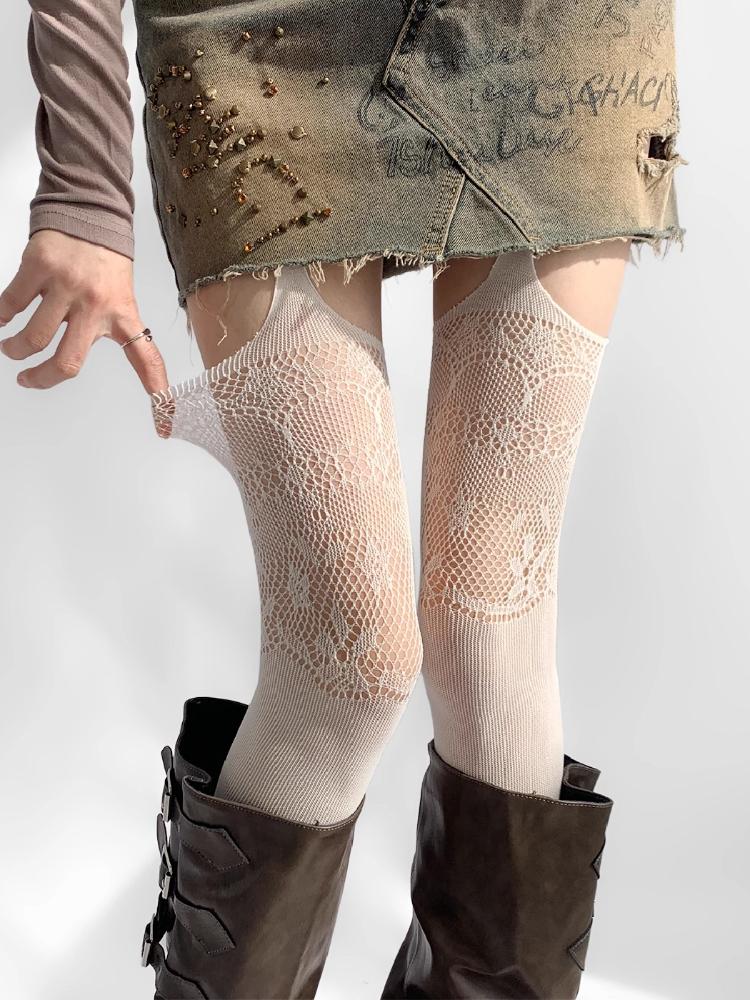 New Design Print Garter Belt Fishnet Stockings Sexy Women Hollow Thigh High Socks Suspender Punk Spicy Girls Mesh Overknee Socks
