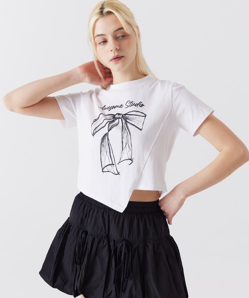 AWESOME STUDIO Asymmetrical Crop Short Sleeve T-Shirt Ivory