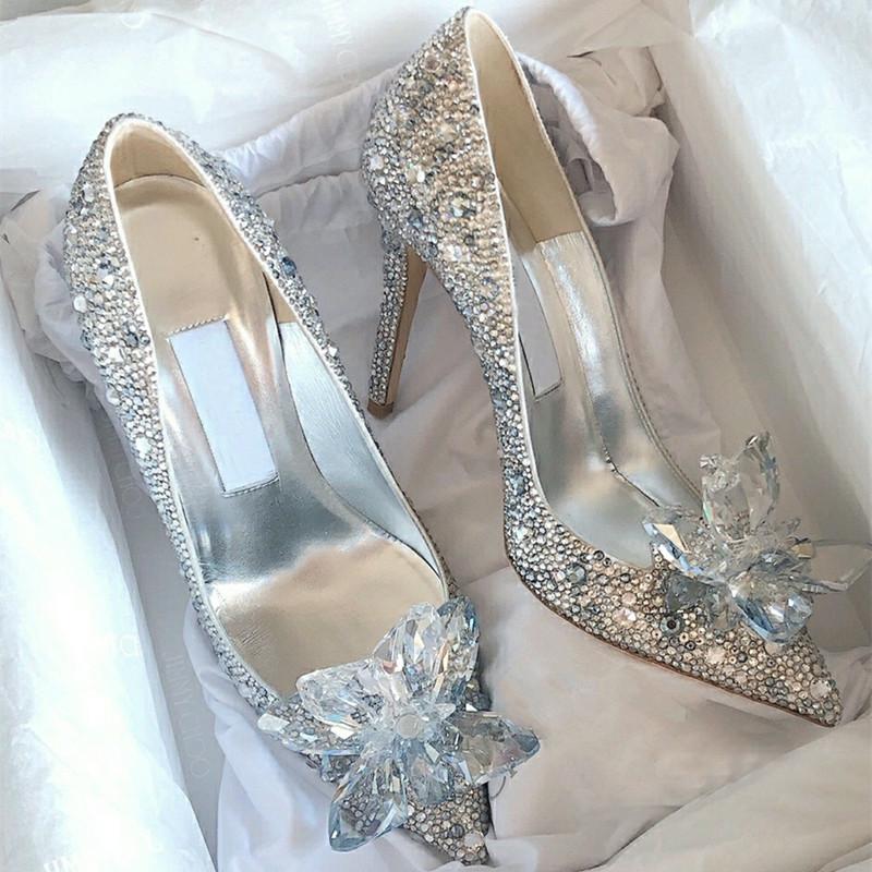 Grey Women's Crystal Wedding Shoes High Heels 2025Autumn New Silver All Diamond Bridal Shoes Water Diamond French Single Shoes