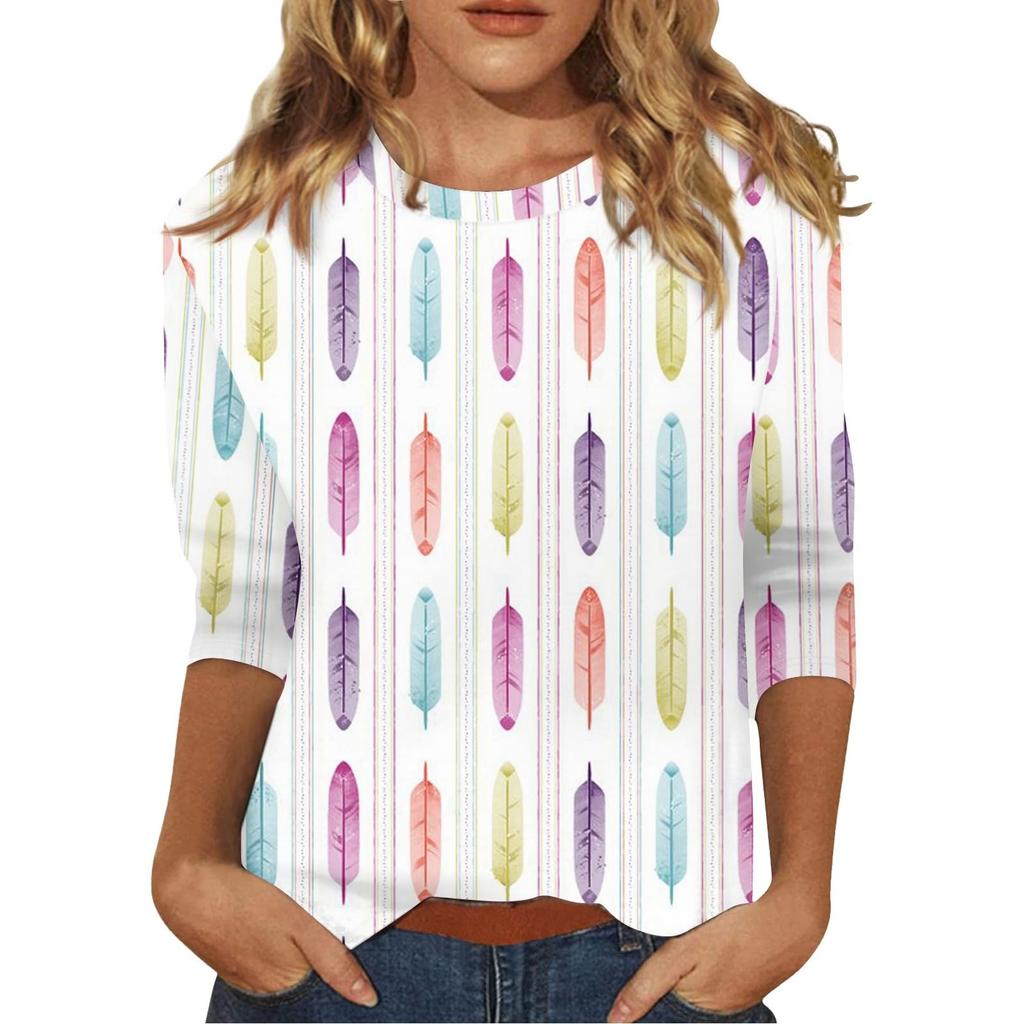 Women's Feather T-shirt Fashion Long Sleeve Round Neck Regular Top Weekend Print Floral Spring Autumn Outfit