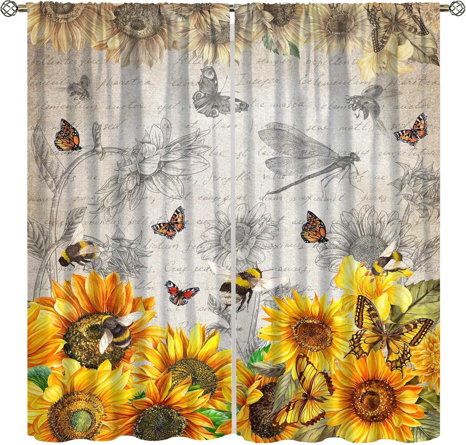 Sunflower Curtains for Kitchen,Black Pithy Rustic Sunshine Beautiful Wonderful Sunflower Plant Flower Butterfly Window Drapes 60×150cm
