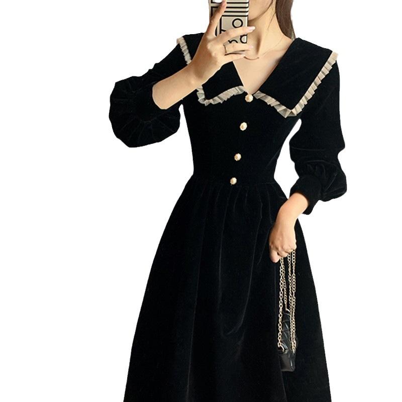 New Autumn Black Peter Pan Collar Dress Women's French High-end Elegant Long Dress Waist-cinching Slimming Audrey Hepburn Style Dress