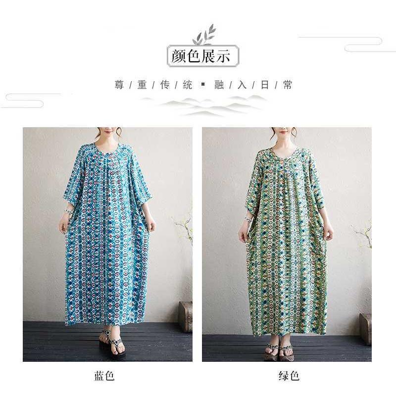 Literary Large Size Printing Women Loose Ethnic Style Dresses