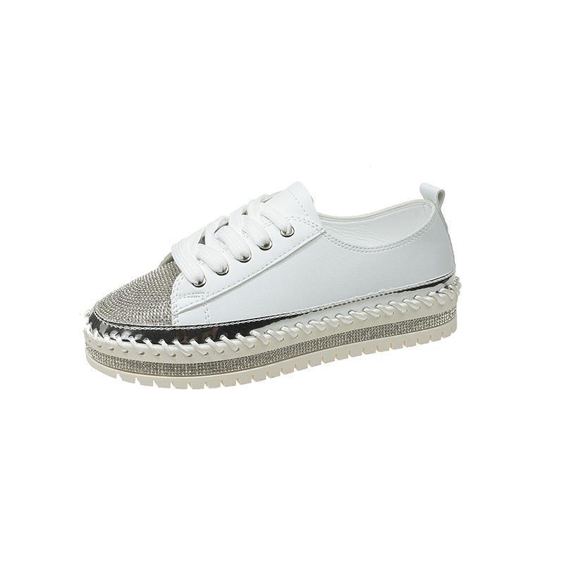 Fashion Aphixta 3cm Heels Crystal Lace Up Leather Flats Shoes Women Gold Bling Loafers Shoes Woman Flat With Casual Footwear Size 45