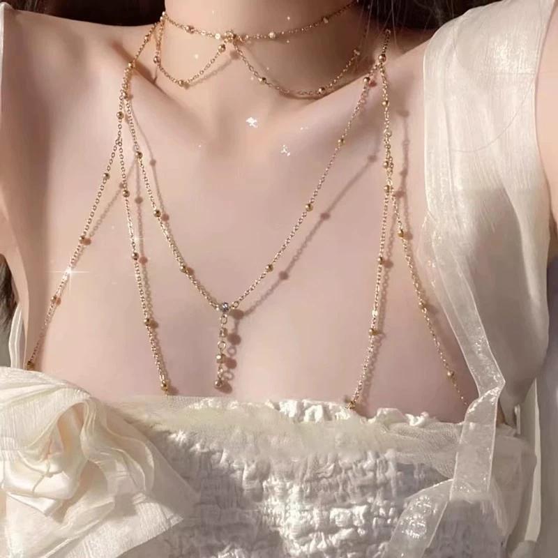 Sexy   Round Beads Waist Chain Beach Bra Bikini Chest Chain Zircon Tassel Women Body Chain Jewelry Accessories