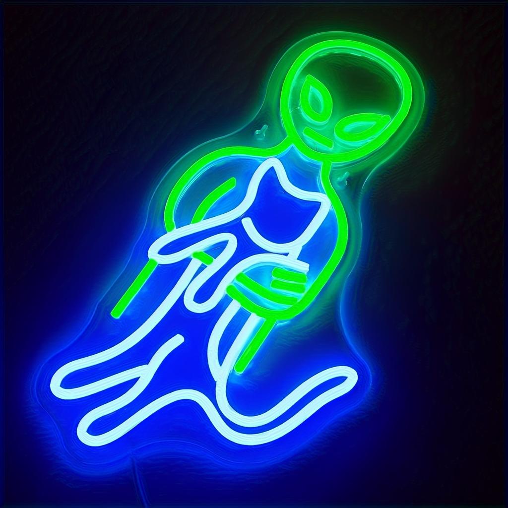 Neon LED Wall Decoration Unique Alien and Cat Neon LED - Adjustable Brightness, USB-powered, Home Decor Wall Decoration