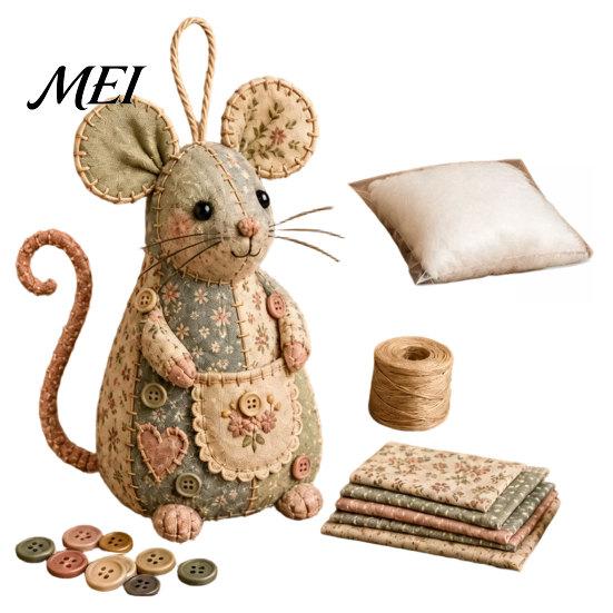 Kit de Costura de Ratón Patchwork para Regalo Hecho a Mano, Set de Manualidades con Tela Floral, Relleno y Botones de Tela, Adorno de Peluche Lindo para Principiantes