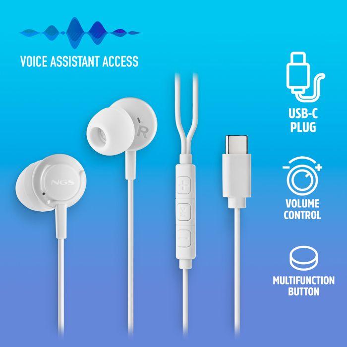 NGS Cross Step White — Écouteurs intra‑auriculaires filaires USB‑C avec micro et contrôle du volume