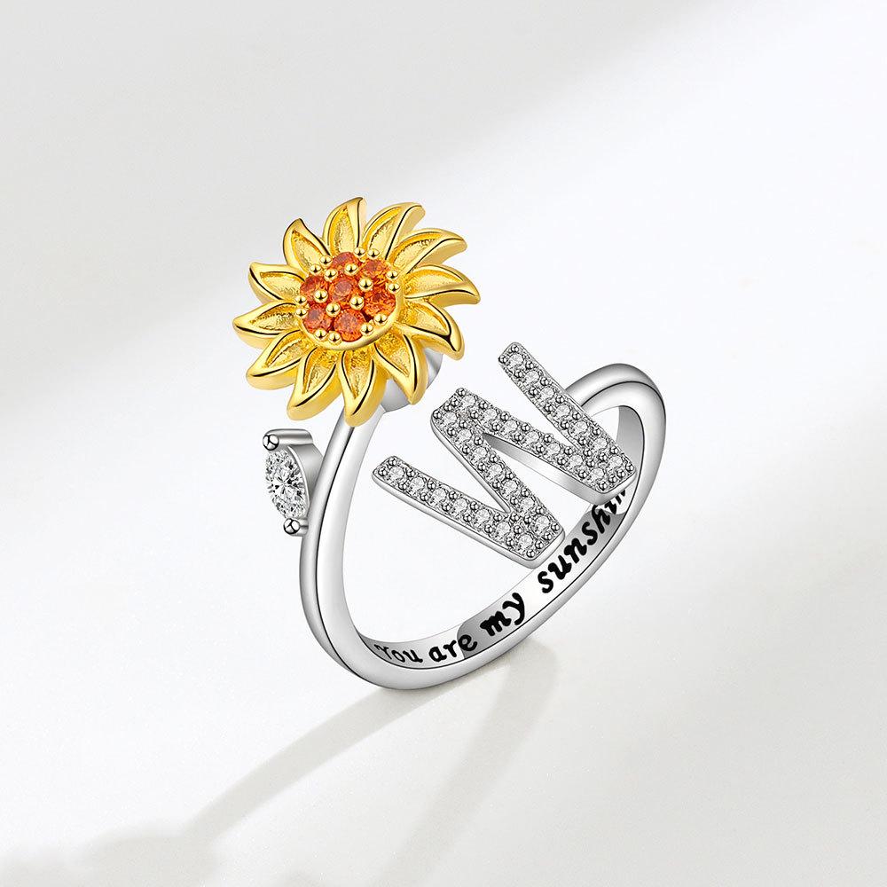 Creative Sunflower Rotating Ring 26 Letters Adjustable Open Design Women's Fashion Finger Jewelry Daily Wear & Gift Accessories