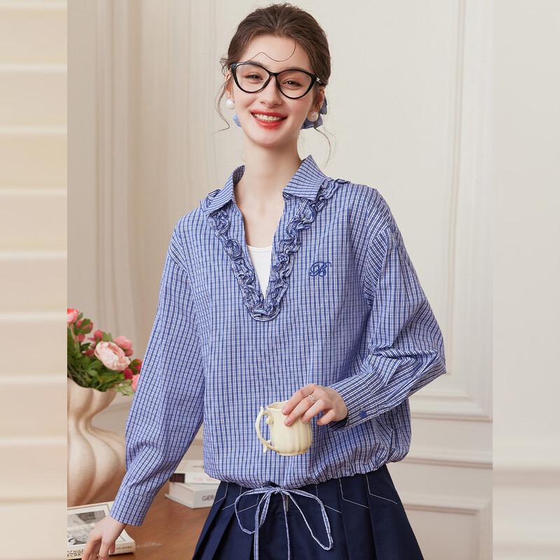 Elegant Tie-Embroidered Plaid Blouse