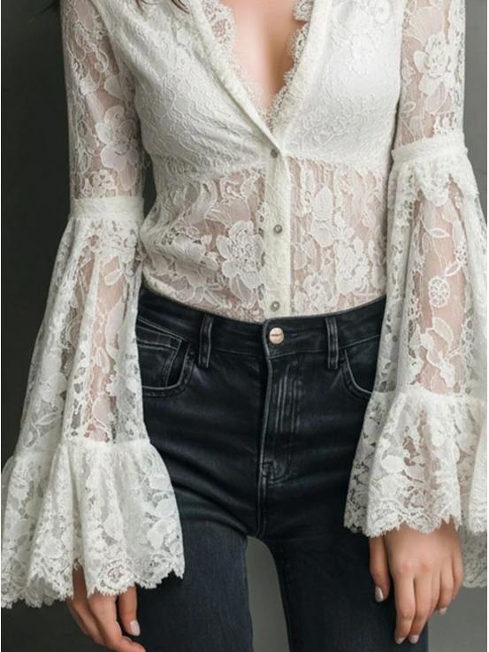 Off-White Lace Bell Sleeve Shirt – Retro Romance & Modern Elegance