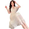 Summer V-Neck Mesh Lace Nightdress Short Sleeve Pure Princess Style Sweet Lace Sexy Loungewear Pajamas