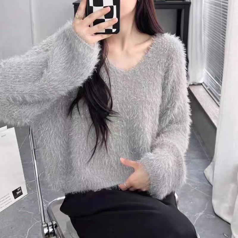 Imitation mink velvet v-neck soft waxy knitted sweater top autumn and winter new casual fashion outer with bright silk pullover sweater women