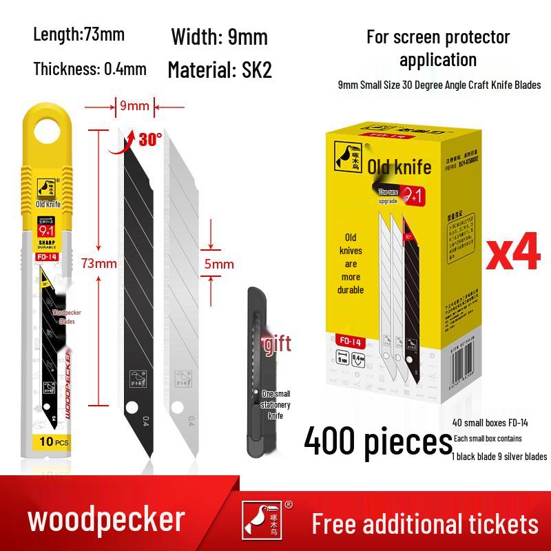 Woodpecker 9mm Craft Knife: 30-Degree Pointed Blade for Film & Wallpaper.