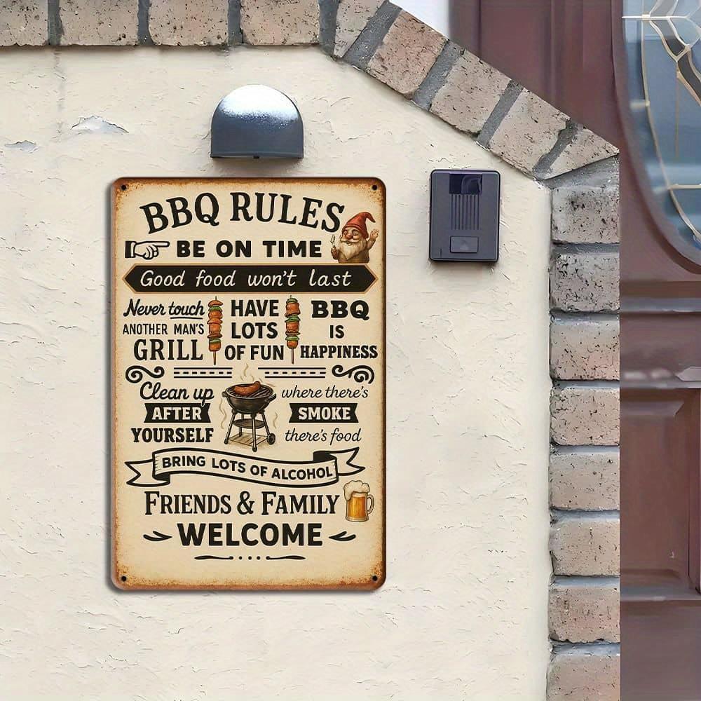 Vintage BBQ Rules Metal Sign (20x30 Cm). Rustic Iron Wall Decor with Humorous Art for Home Bar, Patio, or Restaurant.