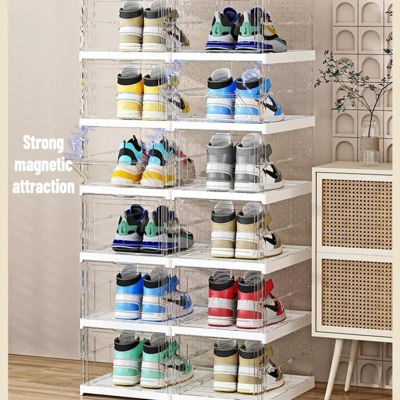 1PC 6 Tier Foldable Shoe Box Clear Stackable Shoe Organizer Dustproof Collapsible Shoes Storage Cabinet for Closet Entryway