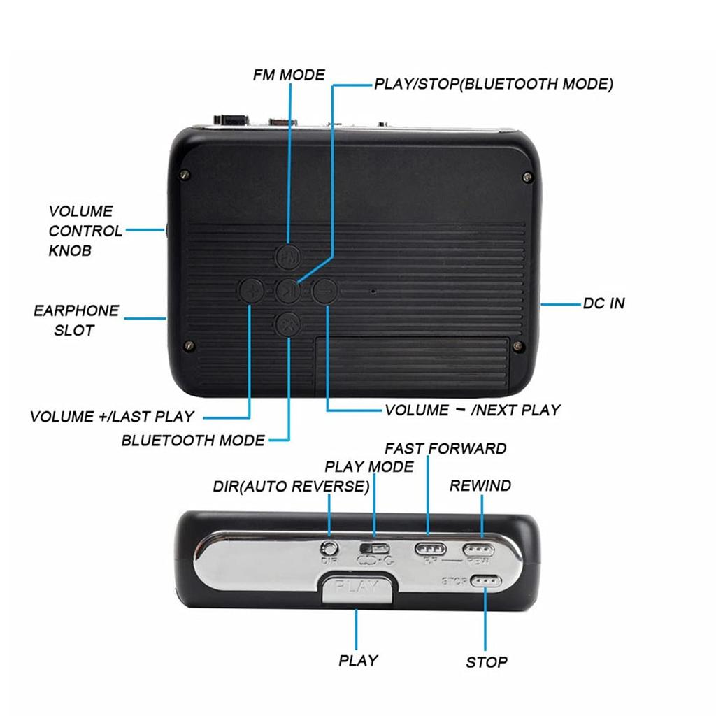 Bluetooth Cassette Stereo Cassette Tape USB and Power Portable Pocket Tape Player Player, Auto-Reverse Player, Support, (Black)