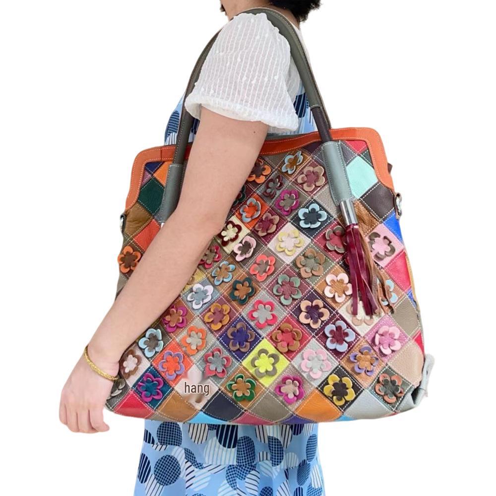 Neue Damenhandtasche aus echtem Leder, groß, Schulter- und Umhängetasche, mit Blumen-Patchwork