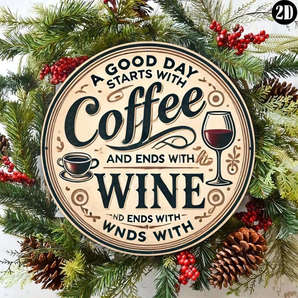Vintage Coffee Wine Metal Wall Art Round Home Bar Decor Gift