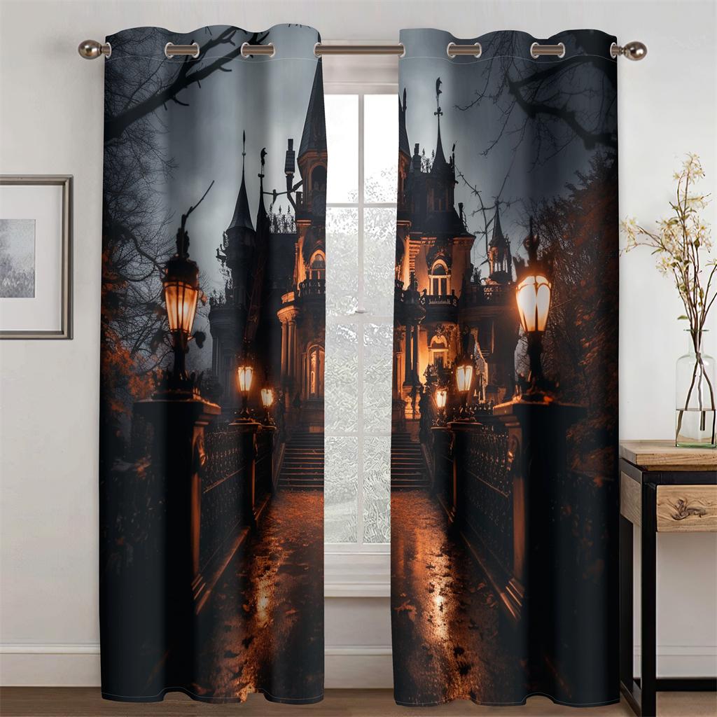 

Шторы в стиле ужасов на Хэллоуин, готический архитектурный стиль, шторы в виде тыквы для гостиной, декор для спальни, 2 шт. 50W130H(CM)X2PCS&Grommet Top
