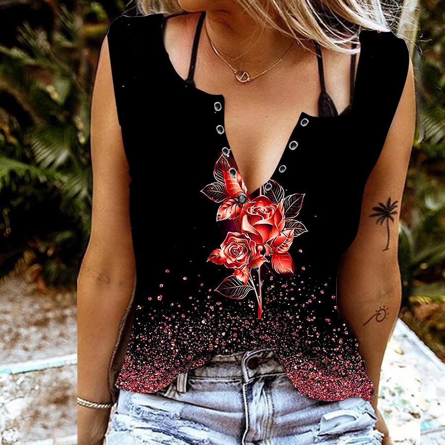 Damskie tanki Seksowny dekolt w serek, bez rękawów, letnie topy Kamizelka 3D Rose in the Dark Print Fajne, lekkie topy