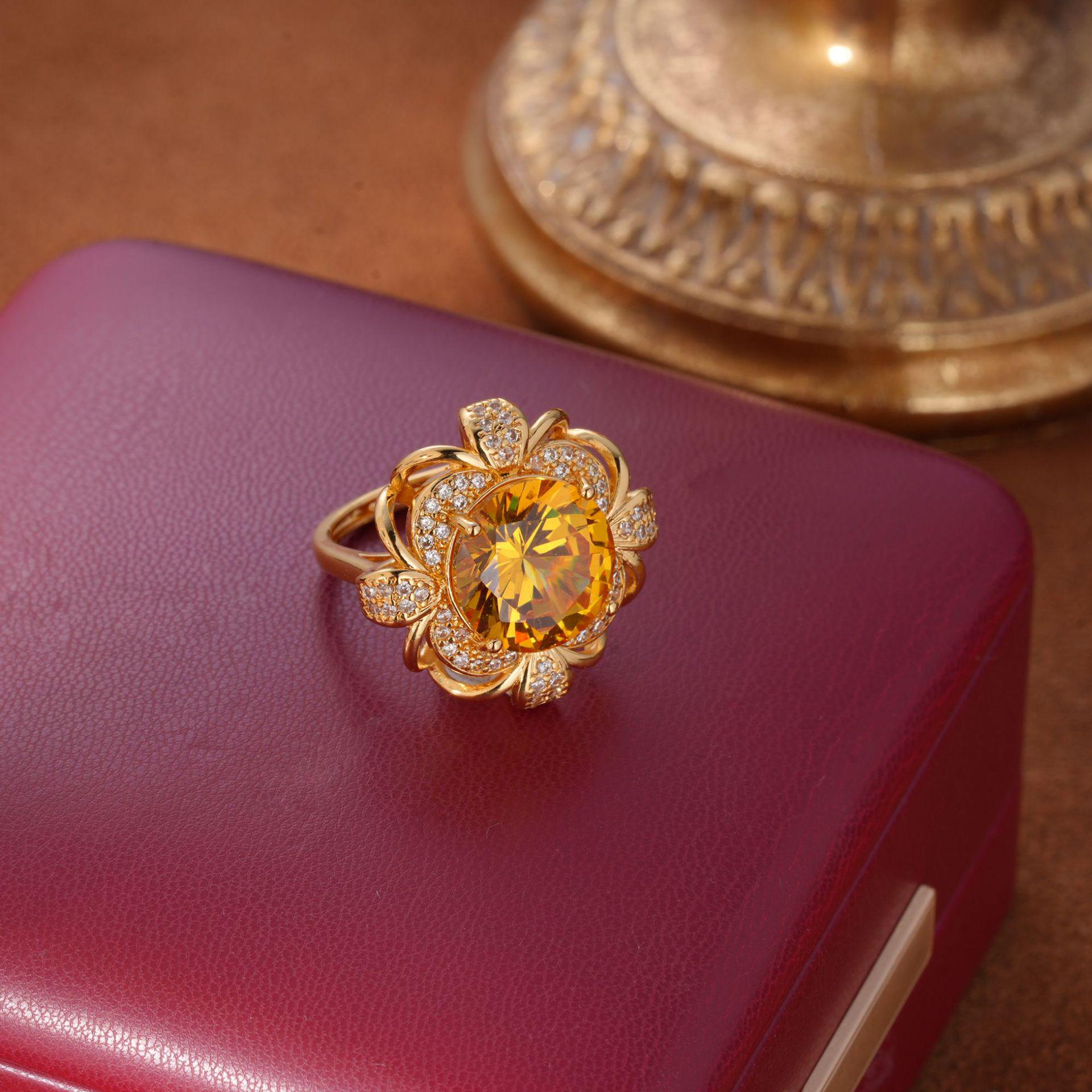 Elegant Rose Gold Plated Jewelry Set: Necklace, Ring, Earring with Yellow Diamond and Ice Flower Pendant.