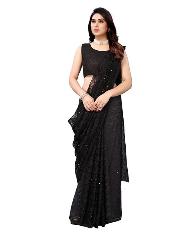 TreegoArt Fashion Women's Party Wear Floral Design Indian Saree Pearls Net Saree With Unstitched Blouse Piece