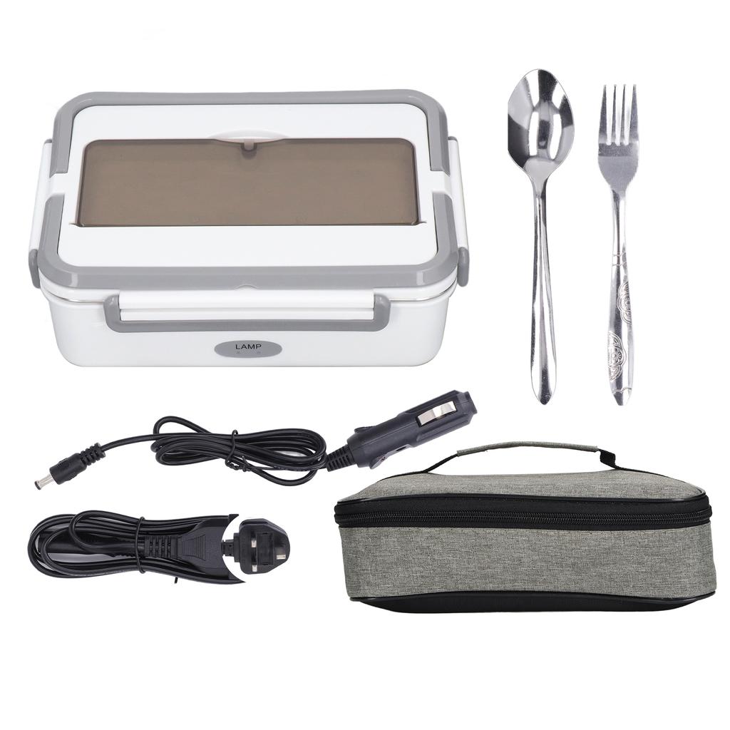 Electric Lunch Box Gray White Double Handles Water Free Pluggable 2 Grid Low Noise Heating Lunch