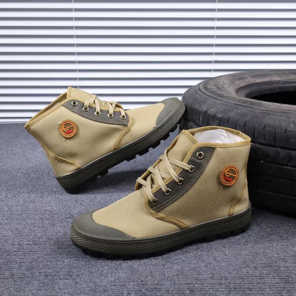 High-top waterproof liberation shoes, non-slip and wear-resistant work yellow rubber shoes, outdoor mountaineering three-proof camouflage shoes