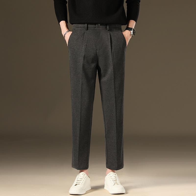 Light luxury winter woolen trousers men's casual pants men's slim straight trousers British elastic casual trousers nine points