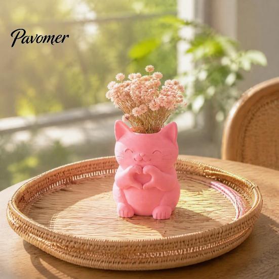 Whimsical Studio Display Props 3D Printed Cat Vase, Cute Smiling with Heart‑Hand Gesture Flower Holder, Creative Pen Cup for Office Animal
