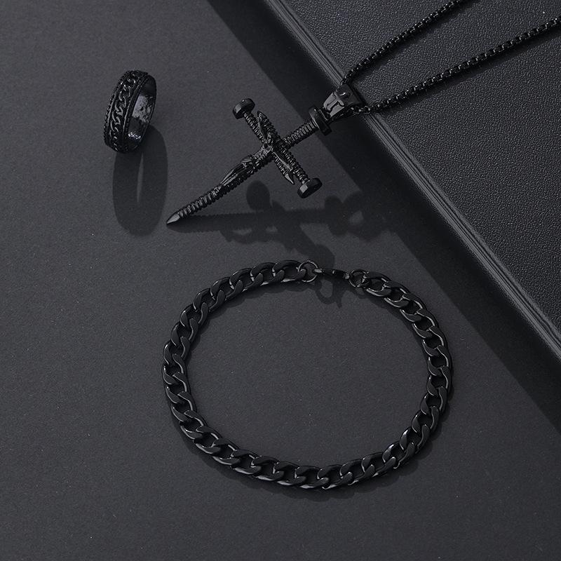 3Pcs Set Men'S Stainless Steel Metal Cross Pendant Chain Necklace Bracelet Ring Jewelry Set Male Hip Hop Daily Wear Accessories