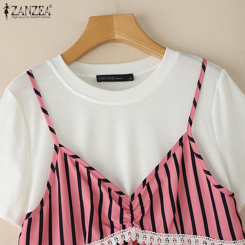 ZANZEA Women Casual Round Neck Stripe Patchwork Summer Short Sleeve T-Shirts