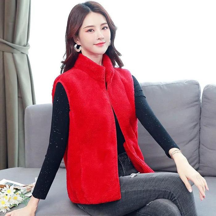 Women Autumn Winter Solid Color Plush Waistcoat Stand Collar Sleeveless Pockets Zipper Placket Thickened Fleece Vest Coat