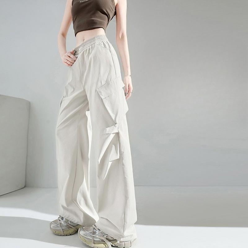 Fashionable American Cargo Pants for Women Summer High Waist Slimming Wide Leg Retro Casual Outfit