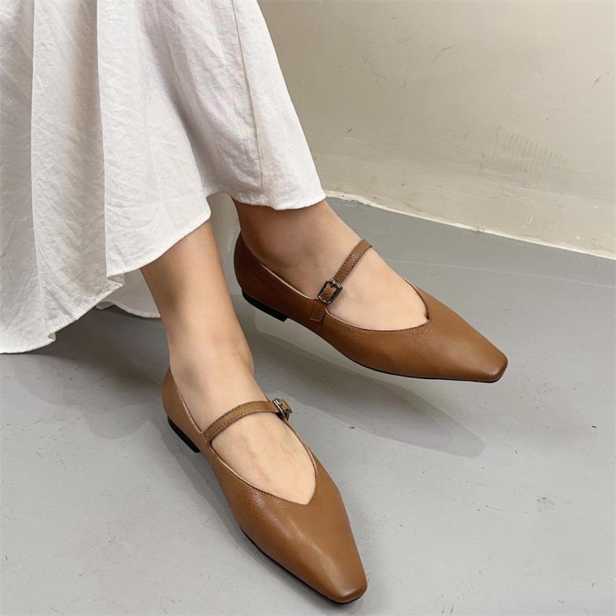 Johnature Versatile Genuine Leather Shoes Pointed Toe Buckle Strap Soft Soled Women's Flat Shoes